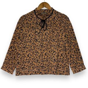 Point Sur Blouse 100%‎ Silk Brown Black Floral Print Tie Neck Ruffle Detail XS
